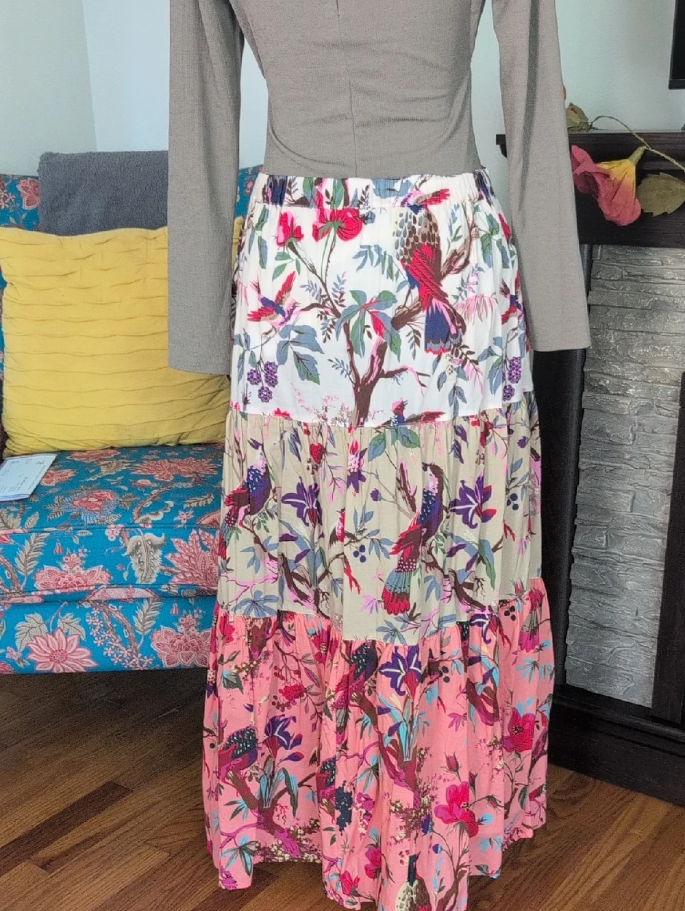 dylan Floral Tiered Maxi Skirt in White, Pink & Cream